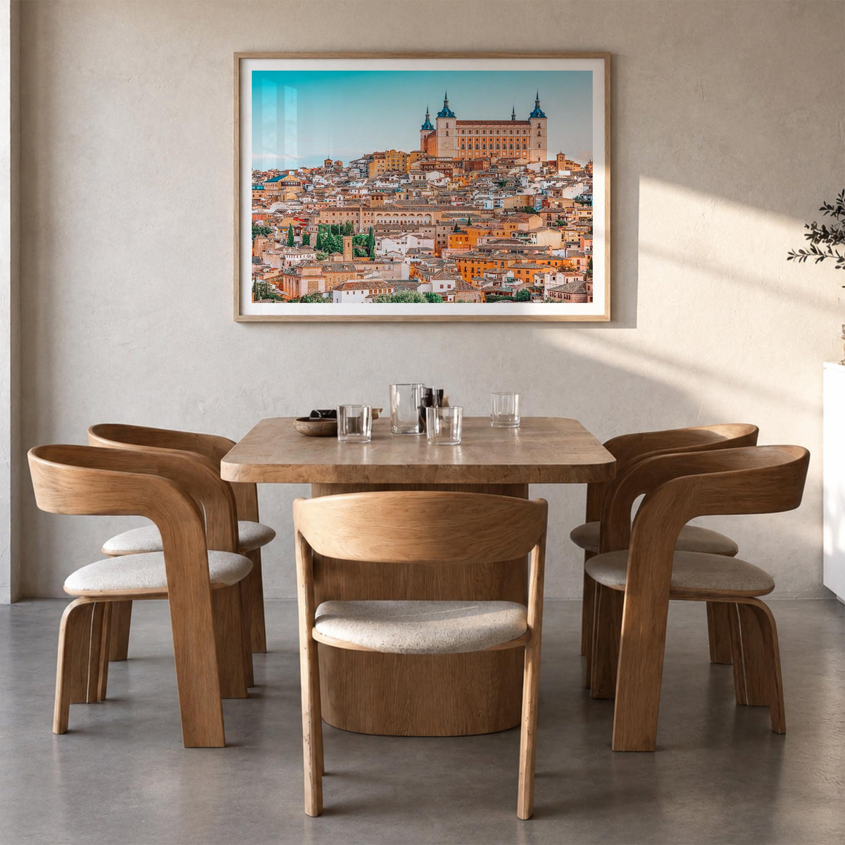 Toledo, Spain colorful photo poster of Spain – horizontal wall art in natural wood frame with white border, hanging on wall