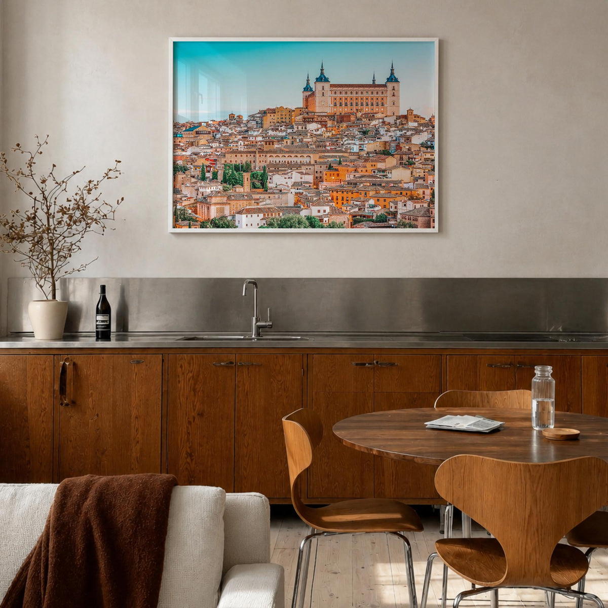 Toledo, Spain colorful photo poster of Spain – horizontal wall art in white wood frame, hanging on wall