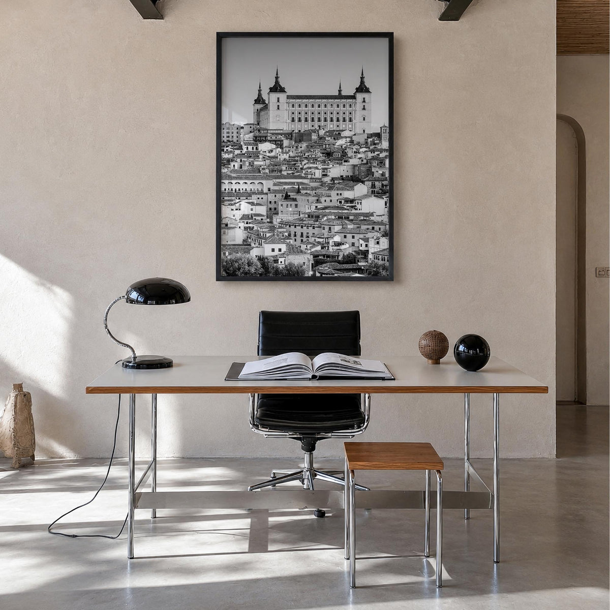 Toledo, Spain no. 1 black & white photo poster of Spain – vertical wall art in black wood frame, hanging on wall