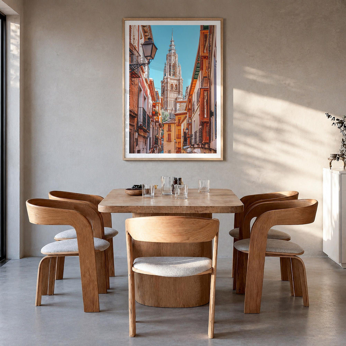 Toledo, Spain no. 1 colorful photo poster of Spain – vertical wall art in natural wood frame with white border, hanging on wa