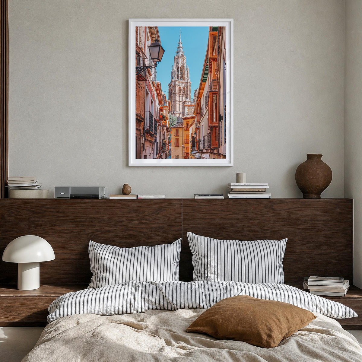 Toledo, Spain no. 1 colorful photo poster of Spain – vertical wall art in white wood frame with white border, hanging on wall