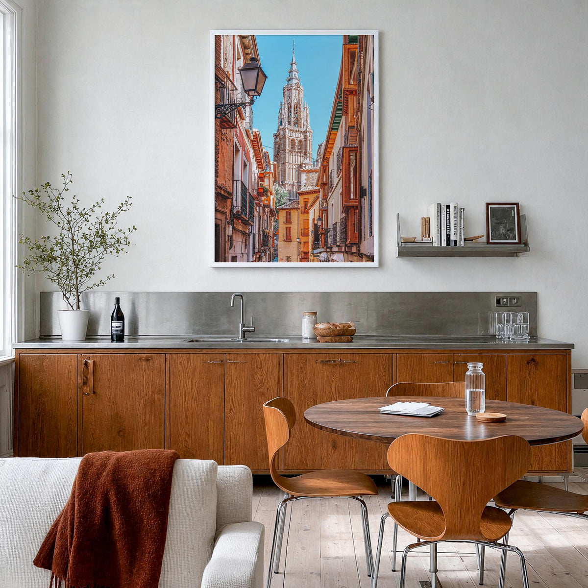 Toledo, Spain no. 1 colorful photo poster of Spain – vertical wall art in white wood frame, hanging on wall