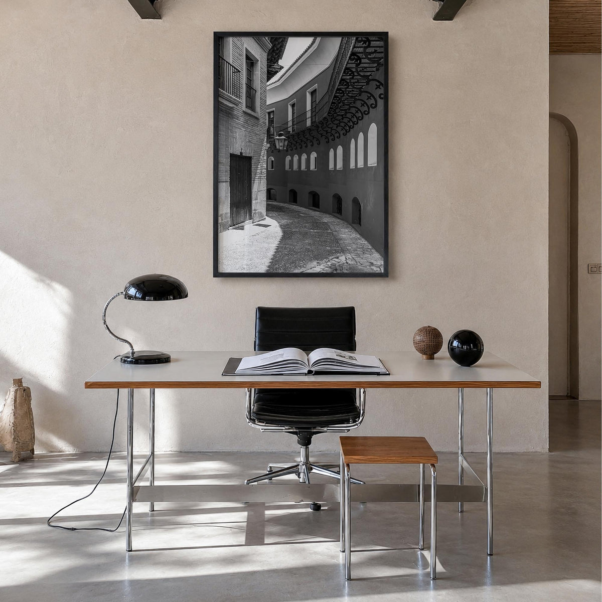 Toledo, Spain no. 2 black & white photo poster of Spain – vertical wall art in black wood frame, hanging on wall