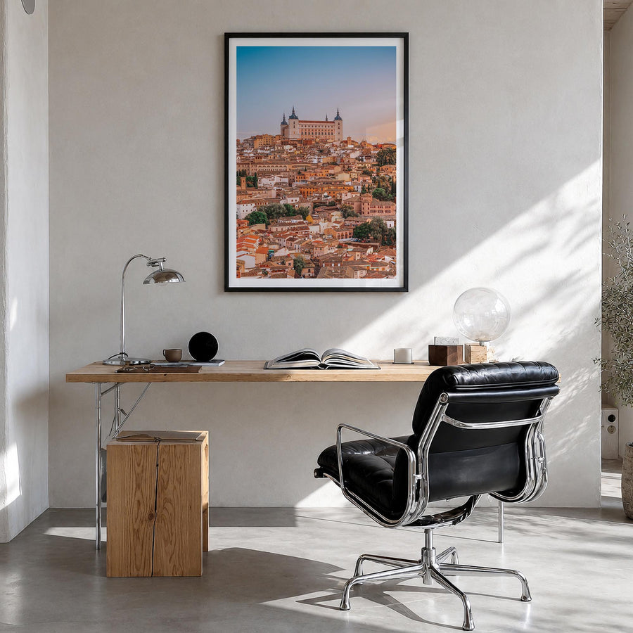 Toledo, Spain no. 2 colorful photo poster of Spain – vertical wall art in black wood frame with white border, hanging on wall