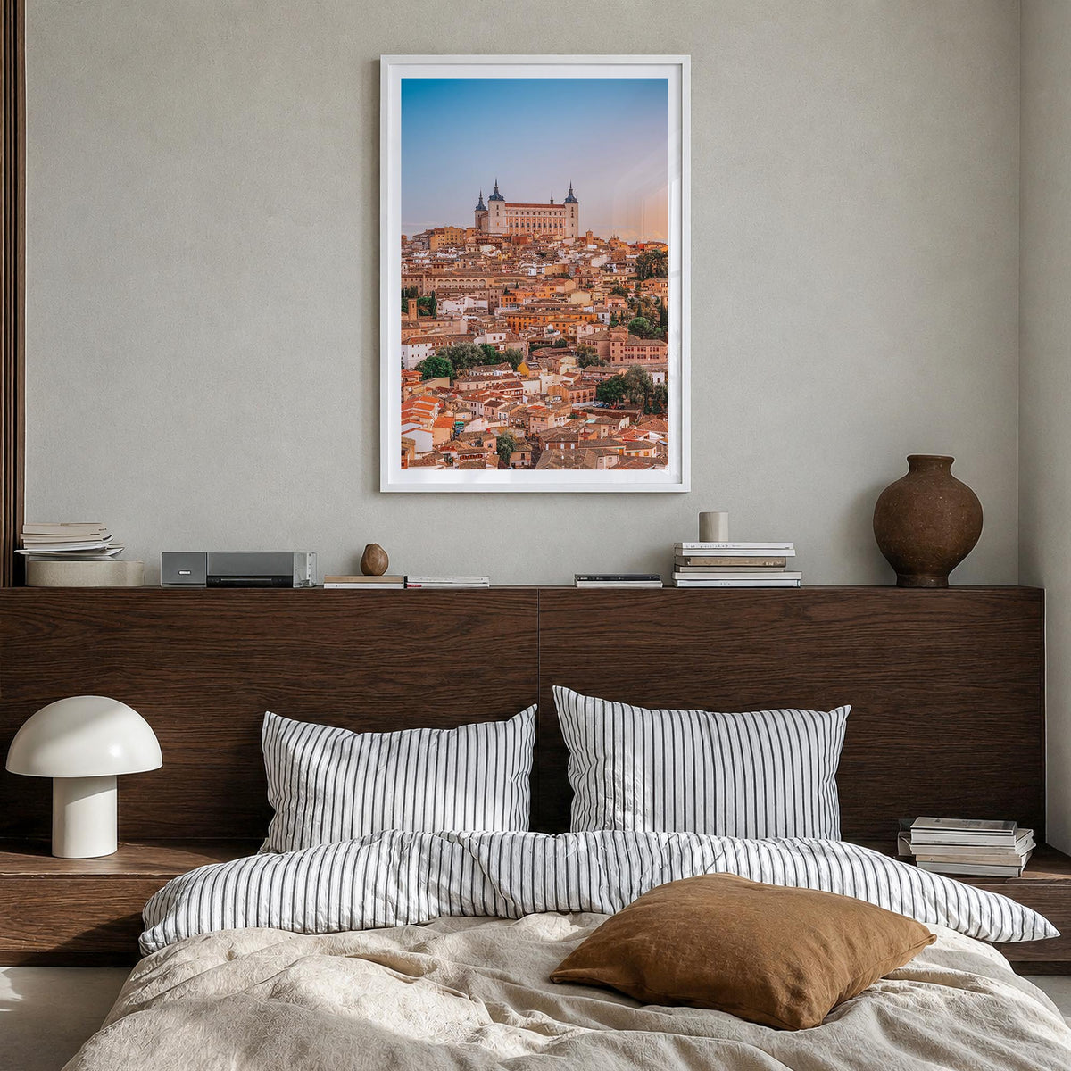 Toledo, Spain no. 2 colorful photo poster of Spain – vertical wall art in white wood frame with white border, hanging on wall