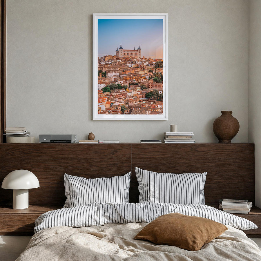 Toledo, Spain no. 2 colorful photo poster of Spain – vertical wall art in white wood frame with white border, hanging on wall