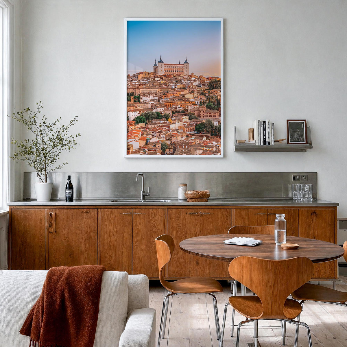 Toledo, Spain no. 2 colorful photo poster of Spain – vertical wall art in white wood frame, hanging on wall
