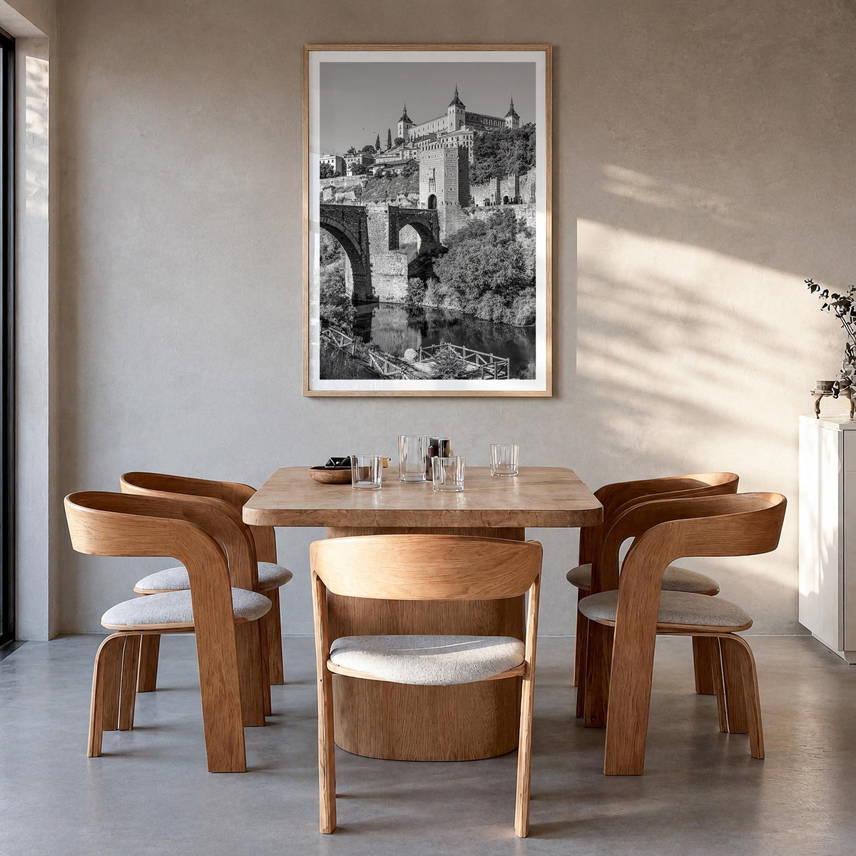 Toledo, Spain no. 3 black & white photo poster of Spain – vertical wall art in natural wood frame with white border, hanging 
