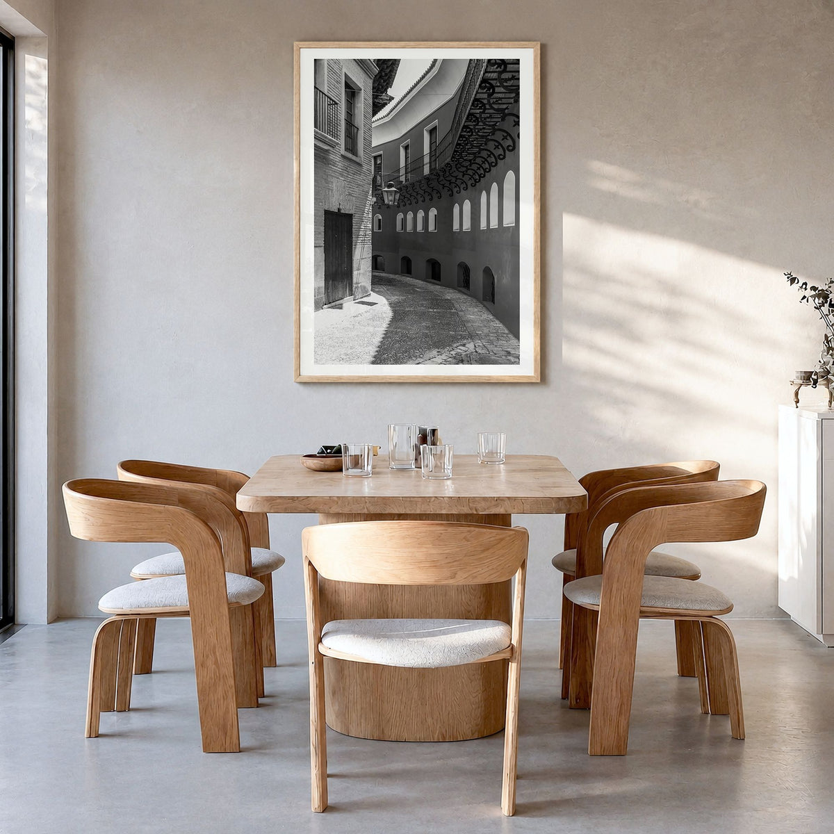Toledo, Spain Photo No 2 Poster in a natural wood frame, hanging in a dining room, white border
