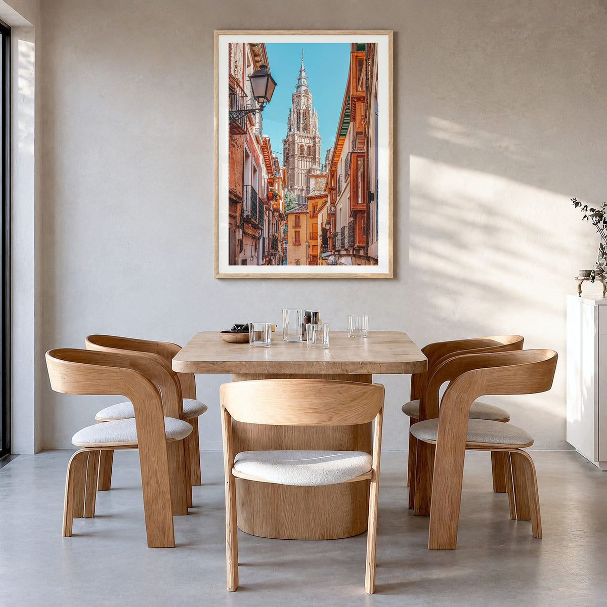 Toledo, Spain Photo No 1 Poster in a natural wood frame, hanging in a dining room, white border