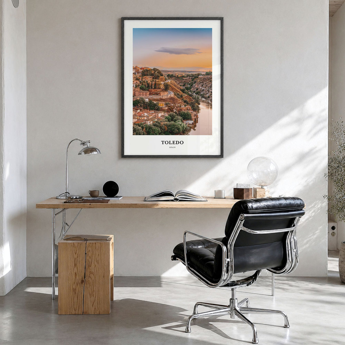 Toledo, Spain Classic Poster in a black wood frame, hanging in a bright home office