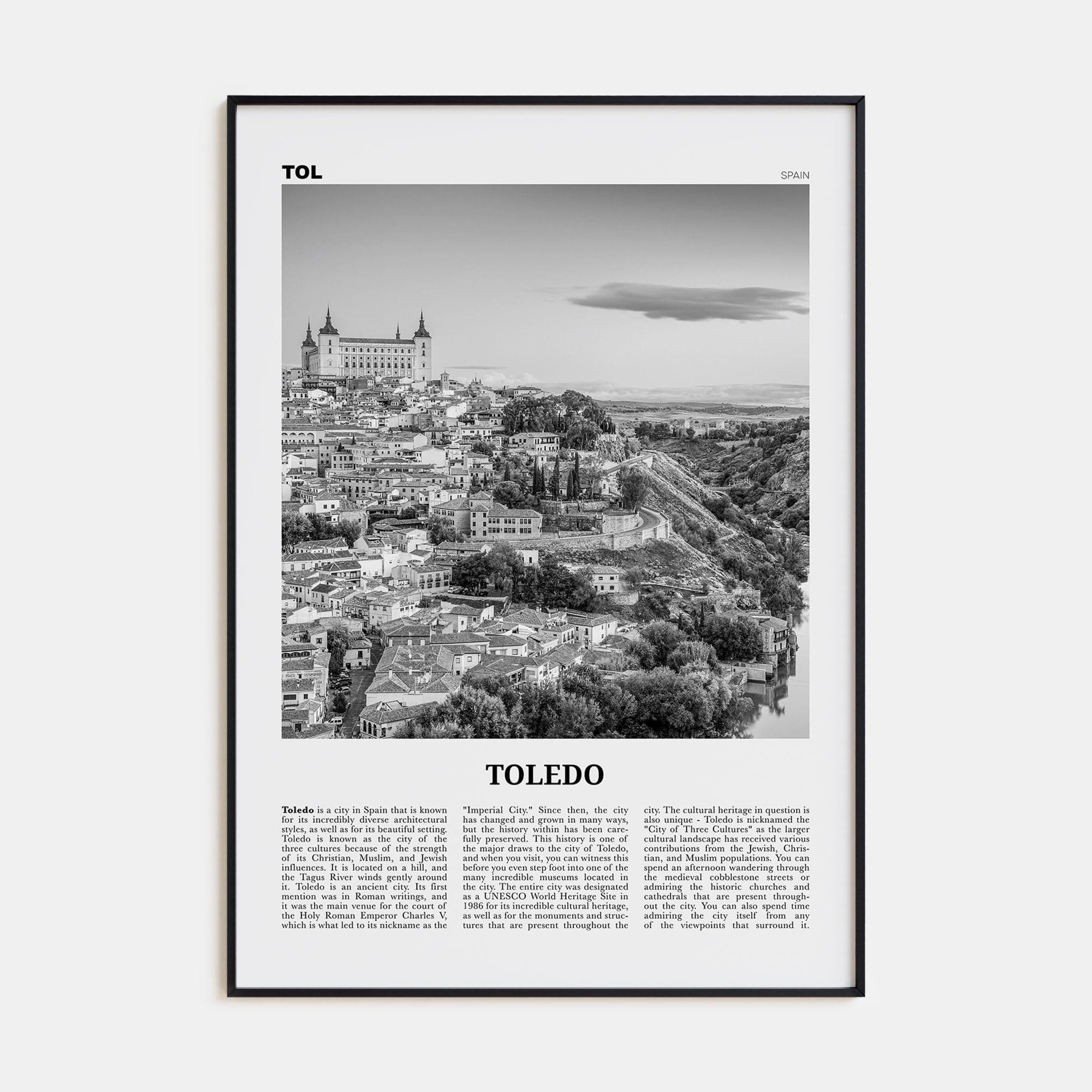 Toledo, Spain Poster Black Metal / 8x12 in Nbourhood Travel B&W Poster