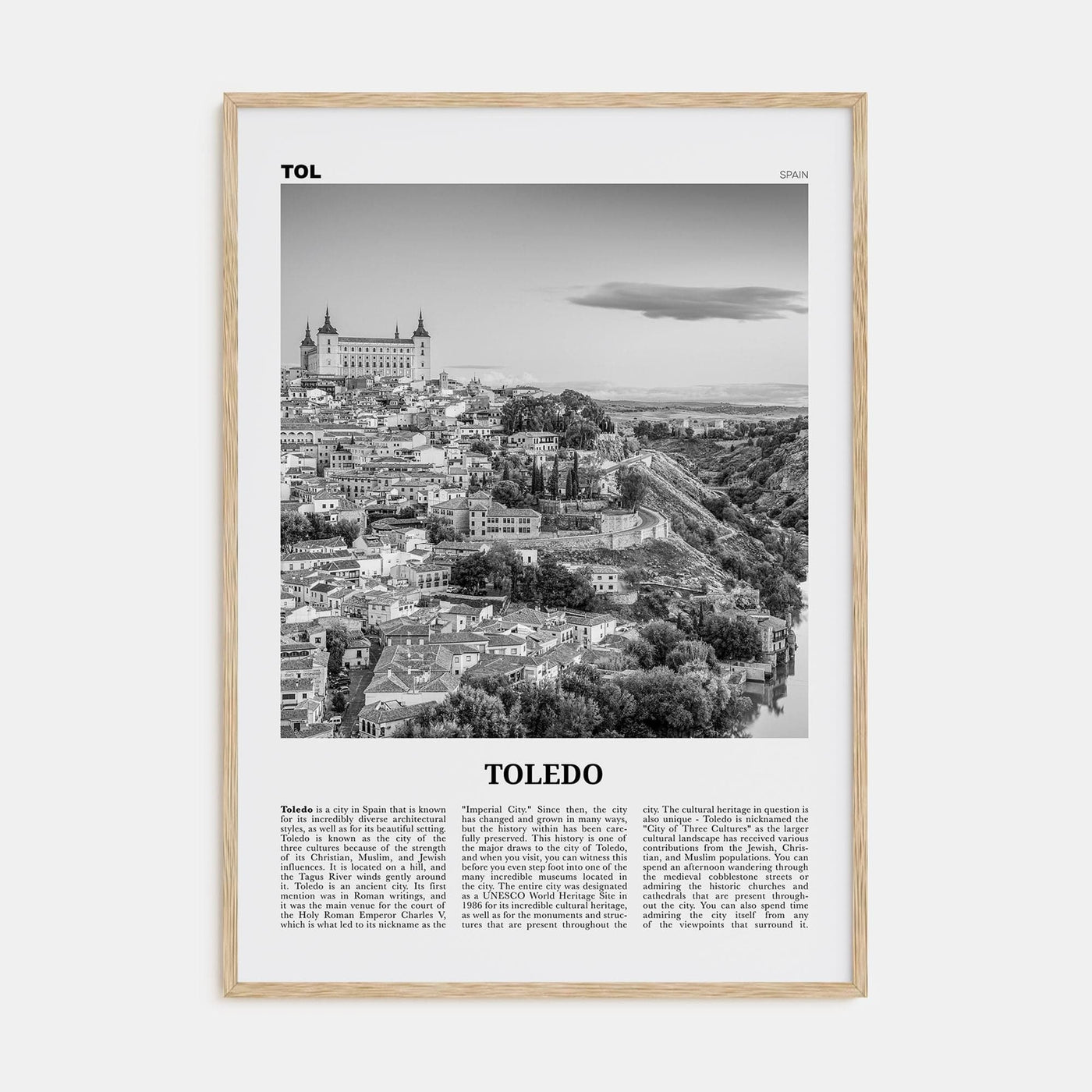 Toledo, Spain Poster Natural Wood / 8x12 in Nbourhood Travel B&W Poster