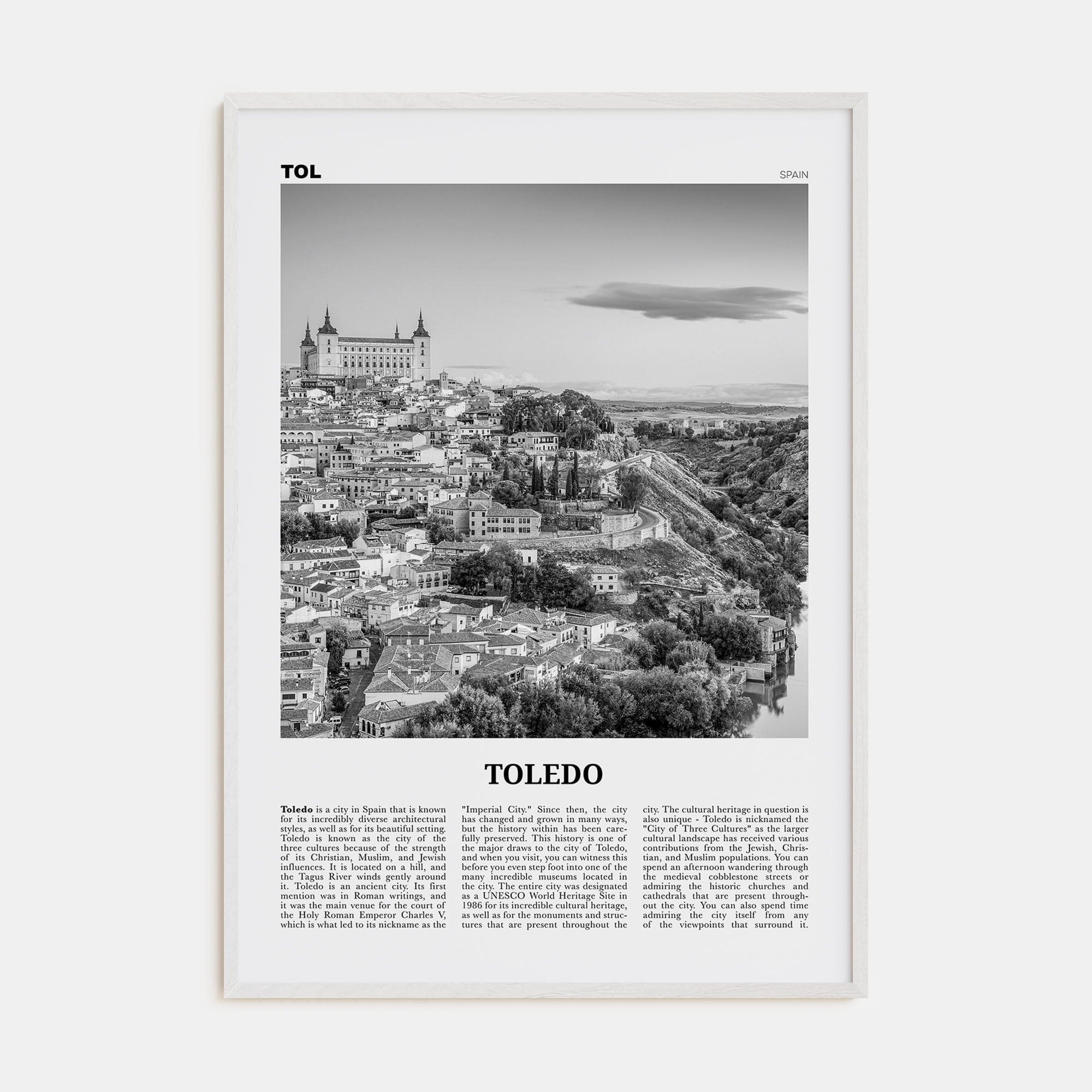 Toledo, Spain Poster White Wood / 8x12 in Nbourhood Travel B&W Poster