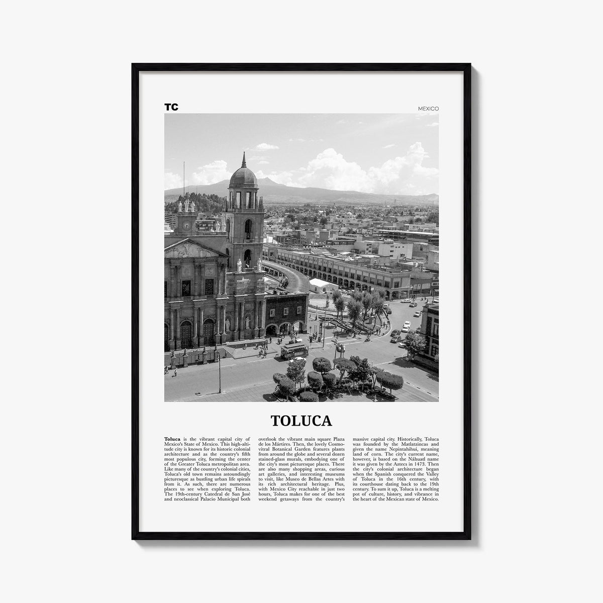 Toluca black & white newspaper poster of Mexico – vertical wall art, unframed print shown in interior mockup