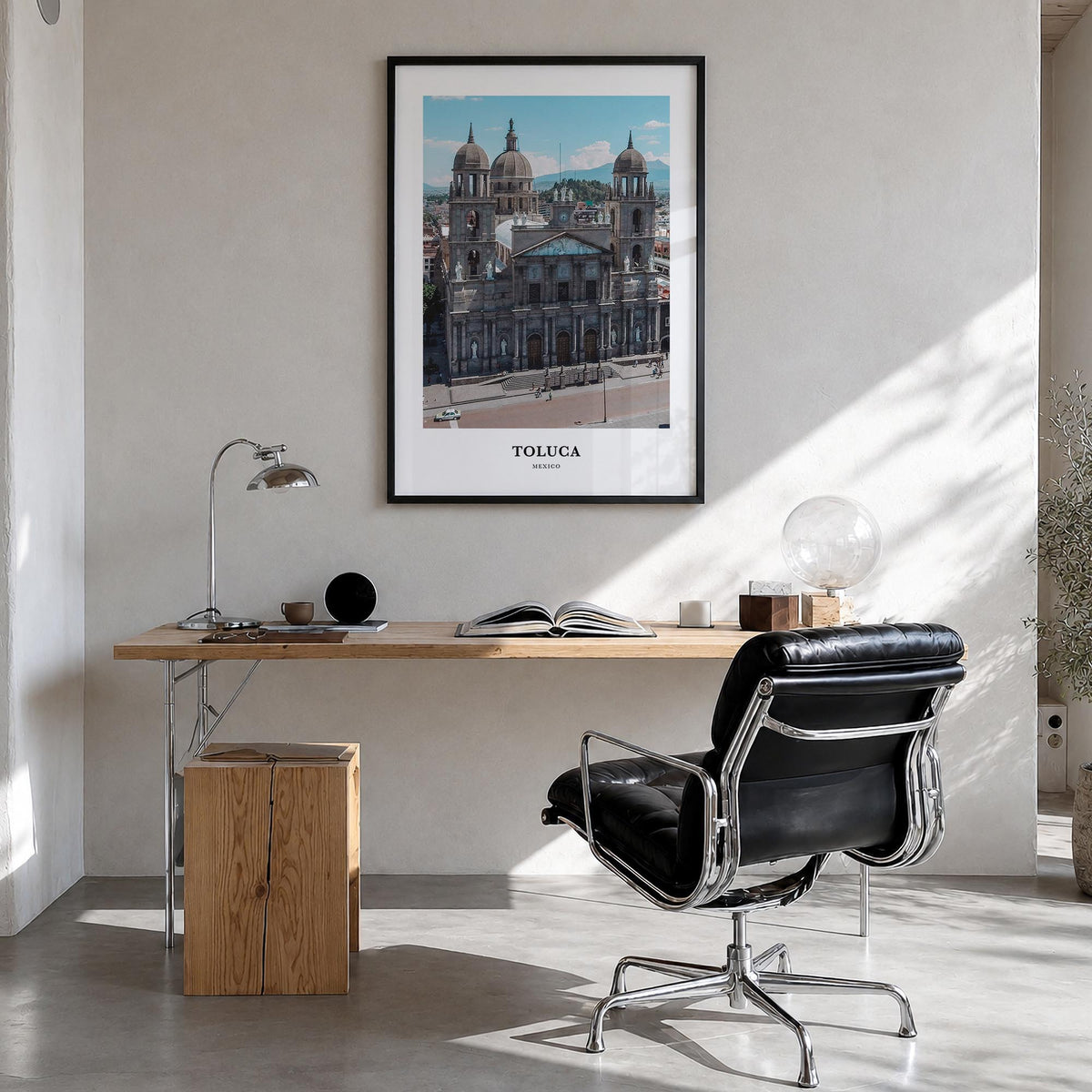 Toluca colorful classic poster of Mexico – vertical wall art in black wood frame, hanging on wall