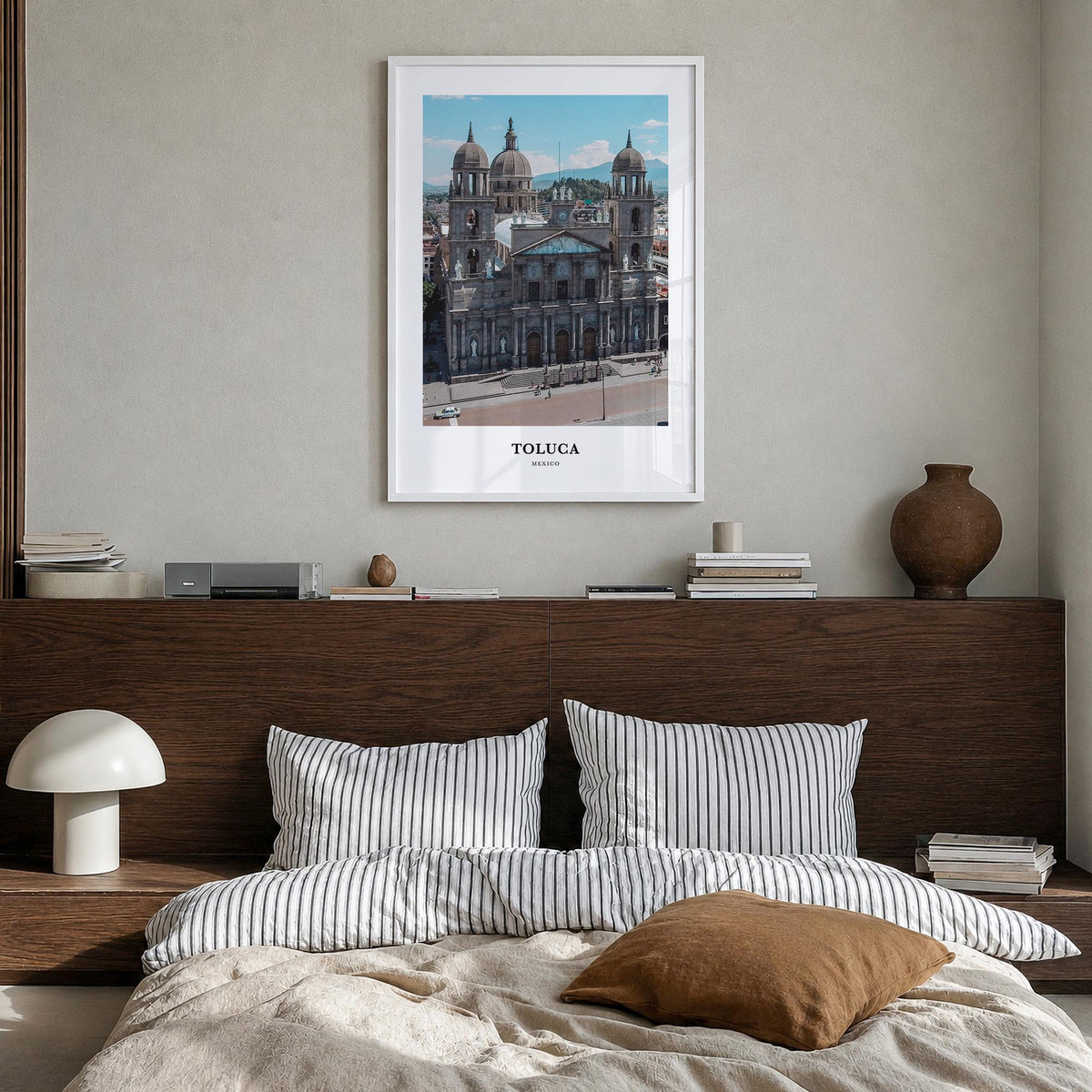 Toluca colorful classic poster of Mexico – vertical wall art in white wood frame, hanging on wall