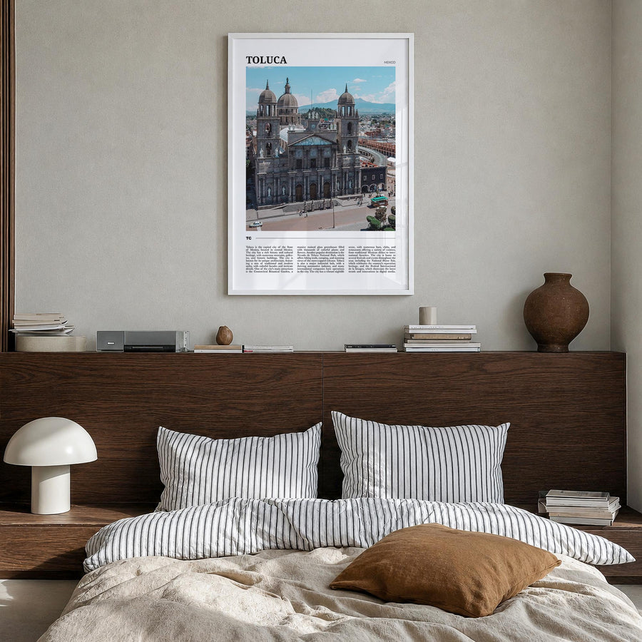 Toluca colorful travel poster of Mexico – vertical wall art in white wood frame, hanging on wall