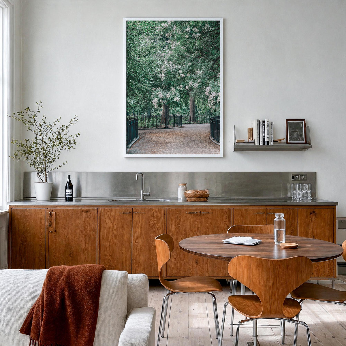 Tompkins Square Park colorful photo poster of New York, USA – vertical wall art in white wood frame, hanging on wall