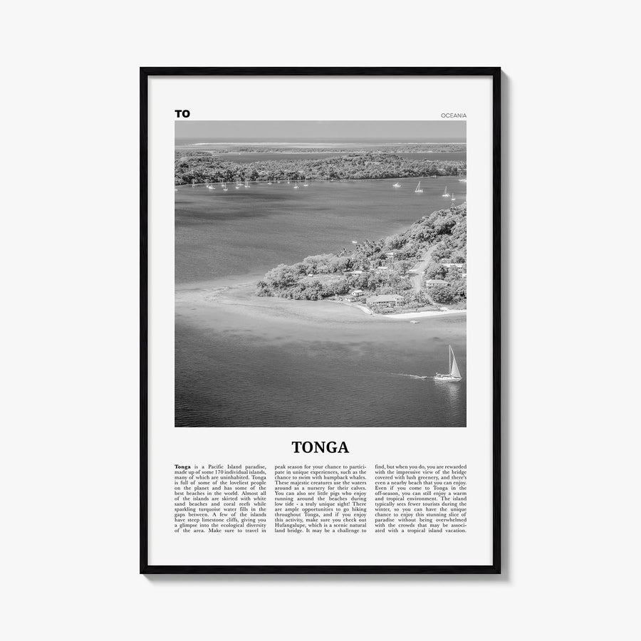Tonga black & white newspaper poster of Oceania – vertical wall art, unframed print shown in interior mockup