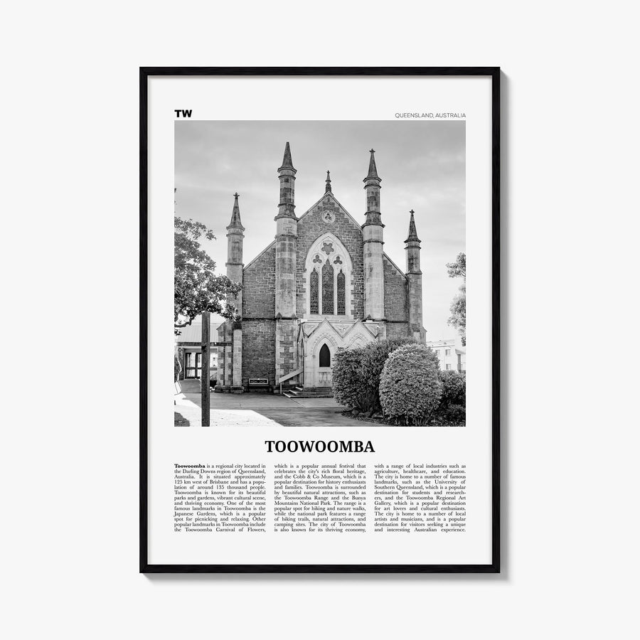Toowoomba black & white newspaper poster of Australia – vertical wall art, unframed print shown in interior mockup