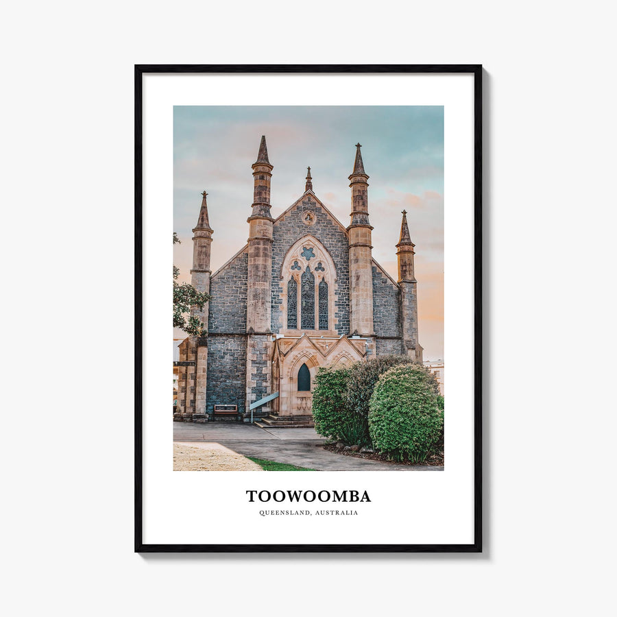 Toowoomba colorful classic poster of Australia – vertical wall art, unframed print shown in interior mockup