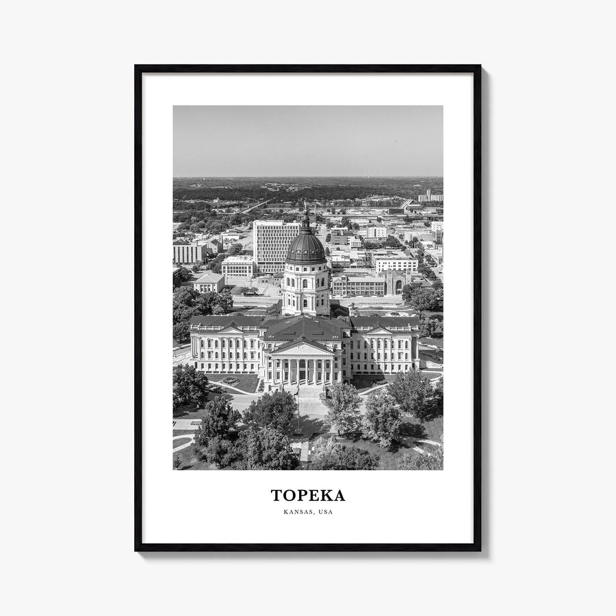 Topeka black & white classic poster of Kansas, USA – vertical wall art, unframed print shown in interior mockup
