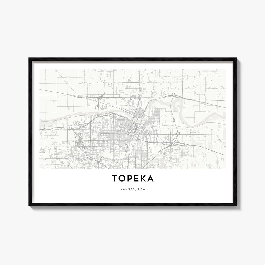 Topeka black & white map poster of Kansas, USA – horizontal wall art, unframed print shown in interior mockup