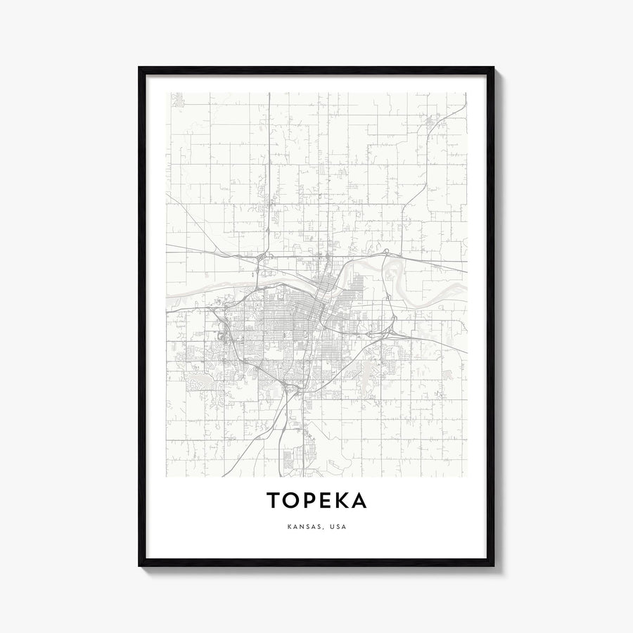 Topeka black & white map poster of Kansas, USA – vertical wall art, unframed print shown in interior mockup