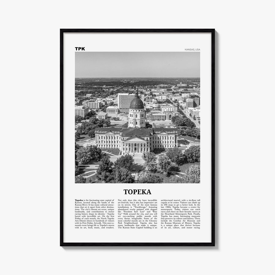 Topeka black & white newspaper poster of Kansas, USA – vertical wall art, unframed print shown in interior mockup