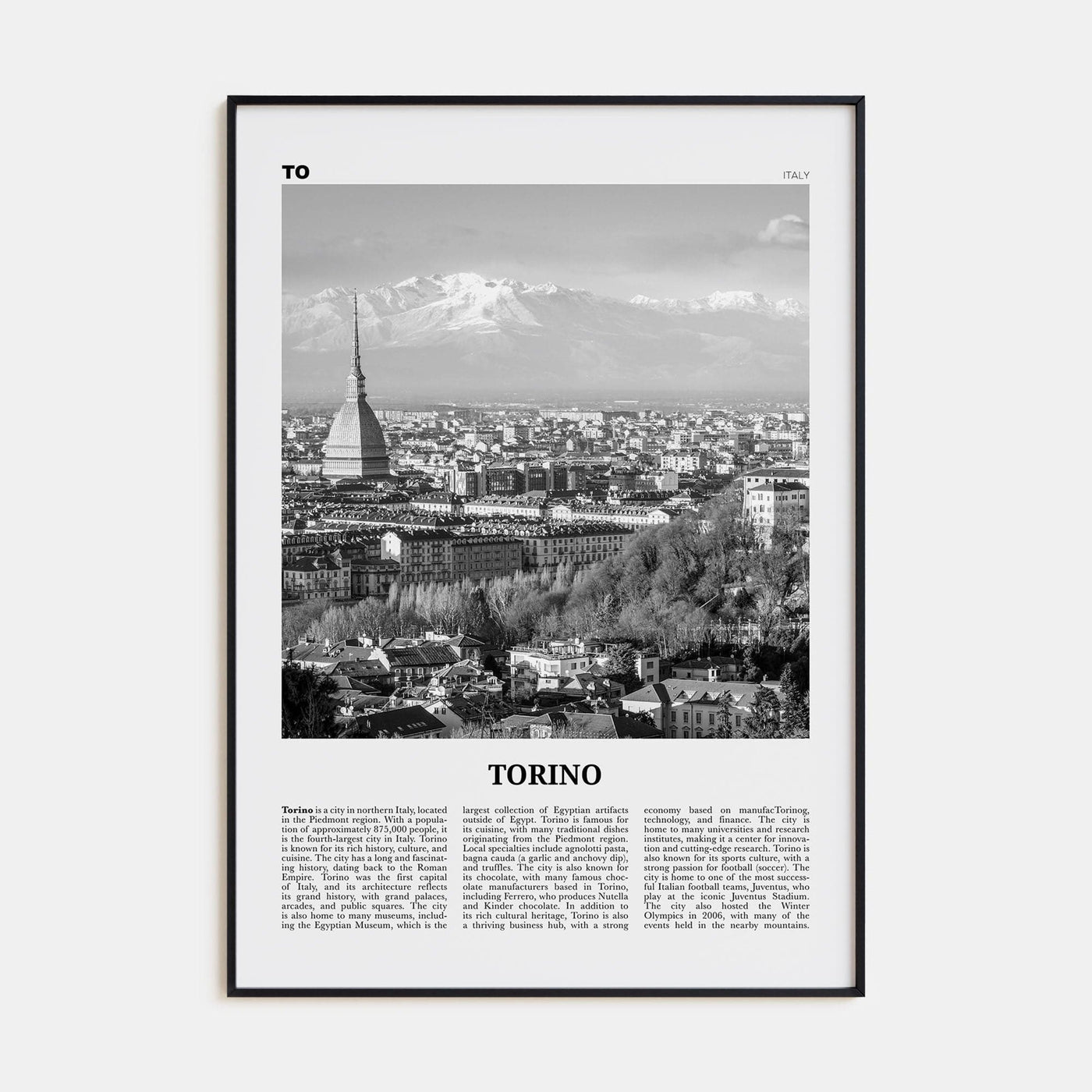 Torino Poster Black Metal / 8x12 in Nbourhood Travel B&W Poster