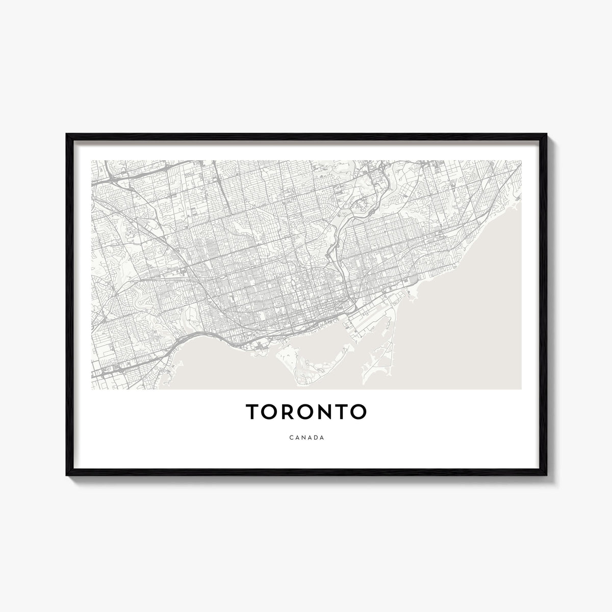 Toronto black & white map poster of Ontario, Canada – horizontal wall art, unframed print shown in interior mockup