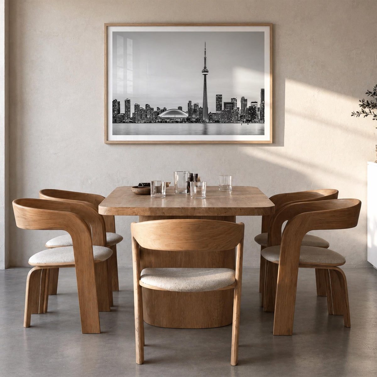 Toronto black & white photo poster of Ontario, Canada – horizontal wall art in natural wood frame with white border, hanging 