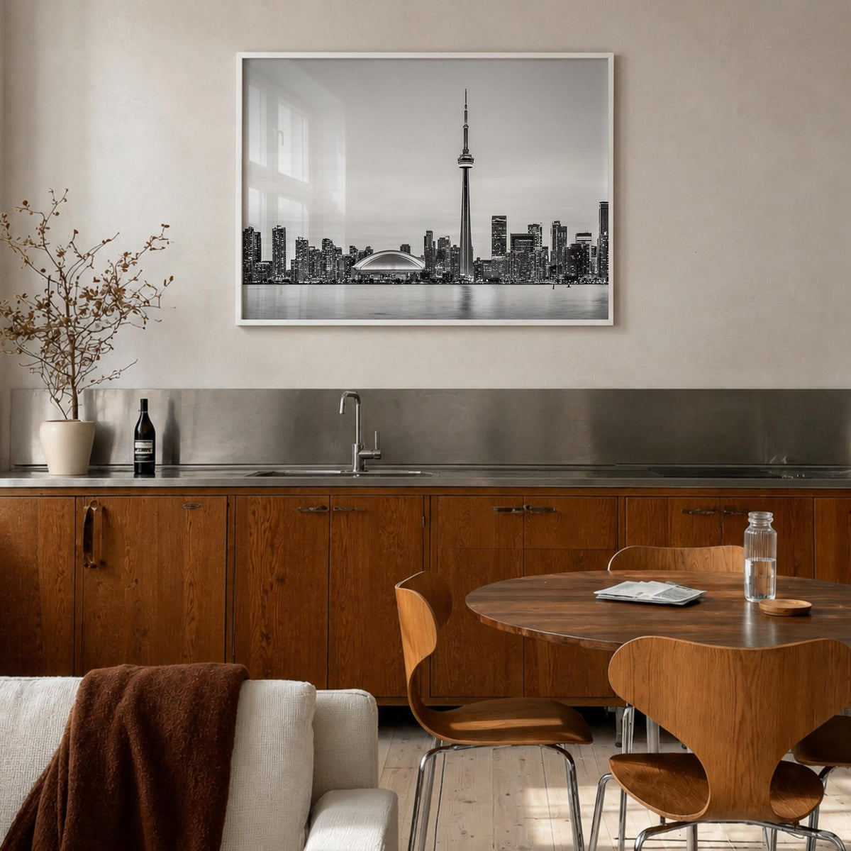 Toronto black & white photo poster of Ontario, Canada – horizontal wall art in white wood frame, hanging on wall