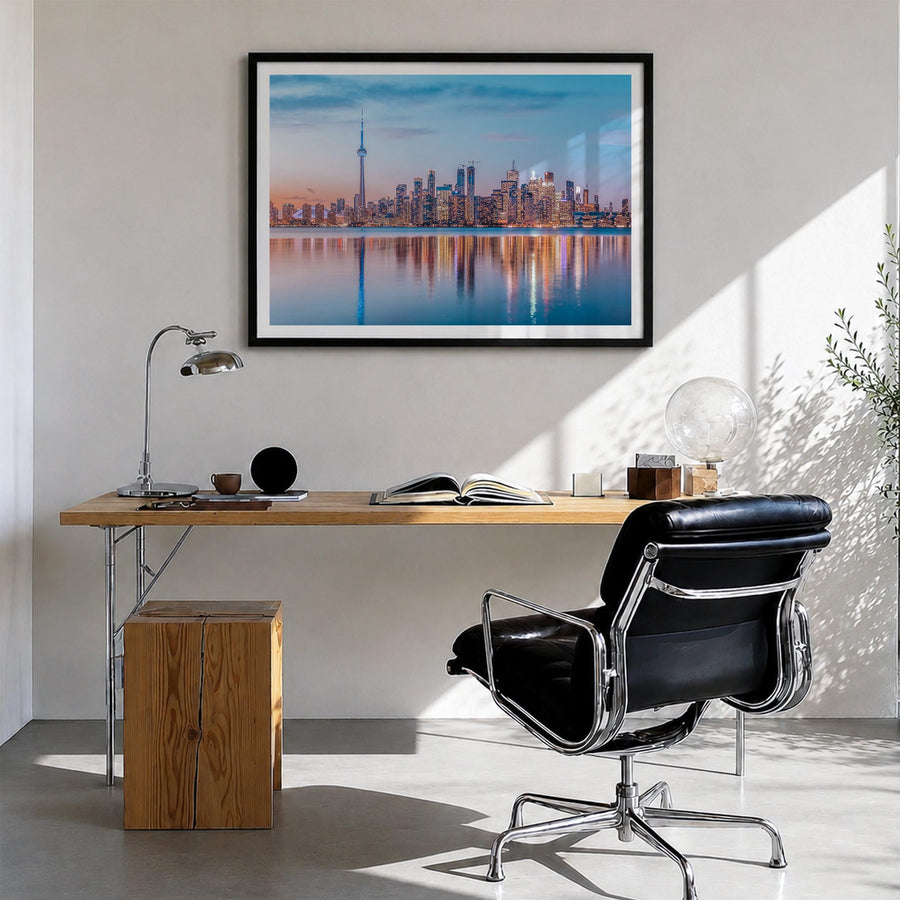 Toronto colorful photo poster of Ontario, Canada – horizontal wall art in black wood frame with white border, hanging on wall