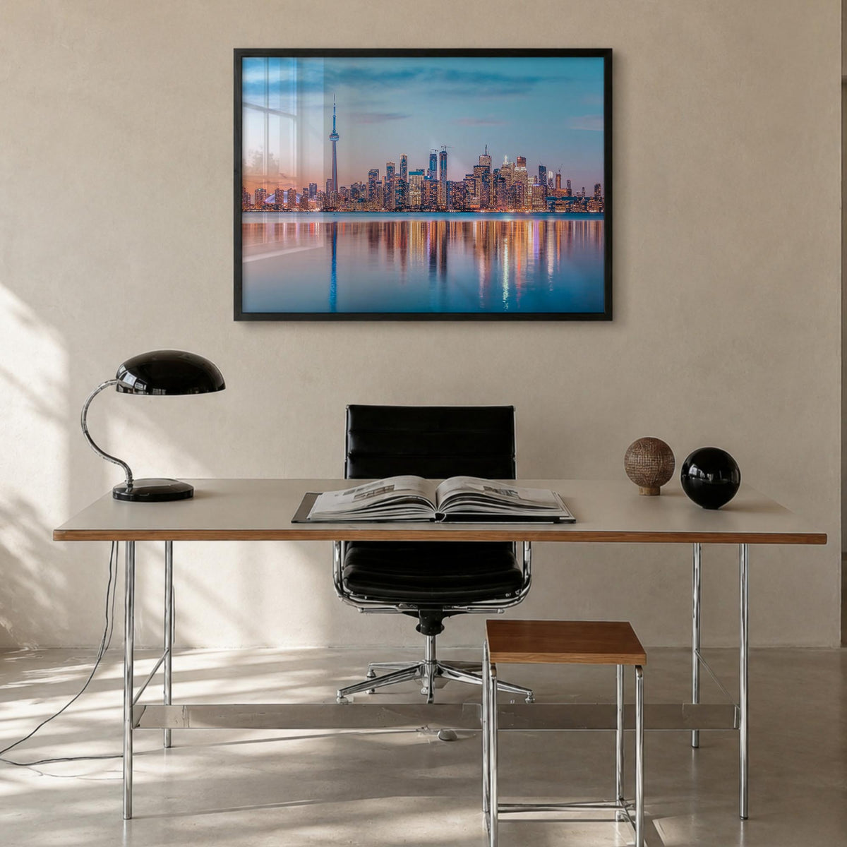 Toronto colorful photo poster of Ontario, Canada – horizontal wall art in black wood frame, hanging on wall