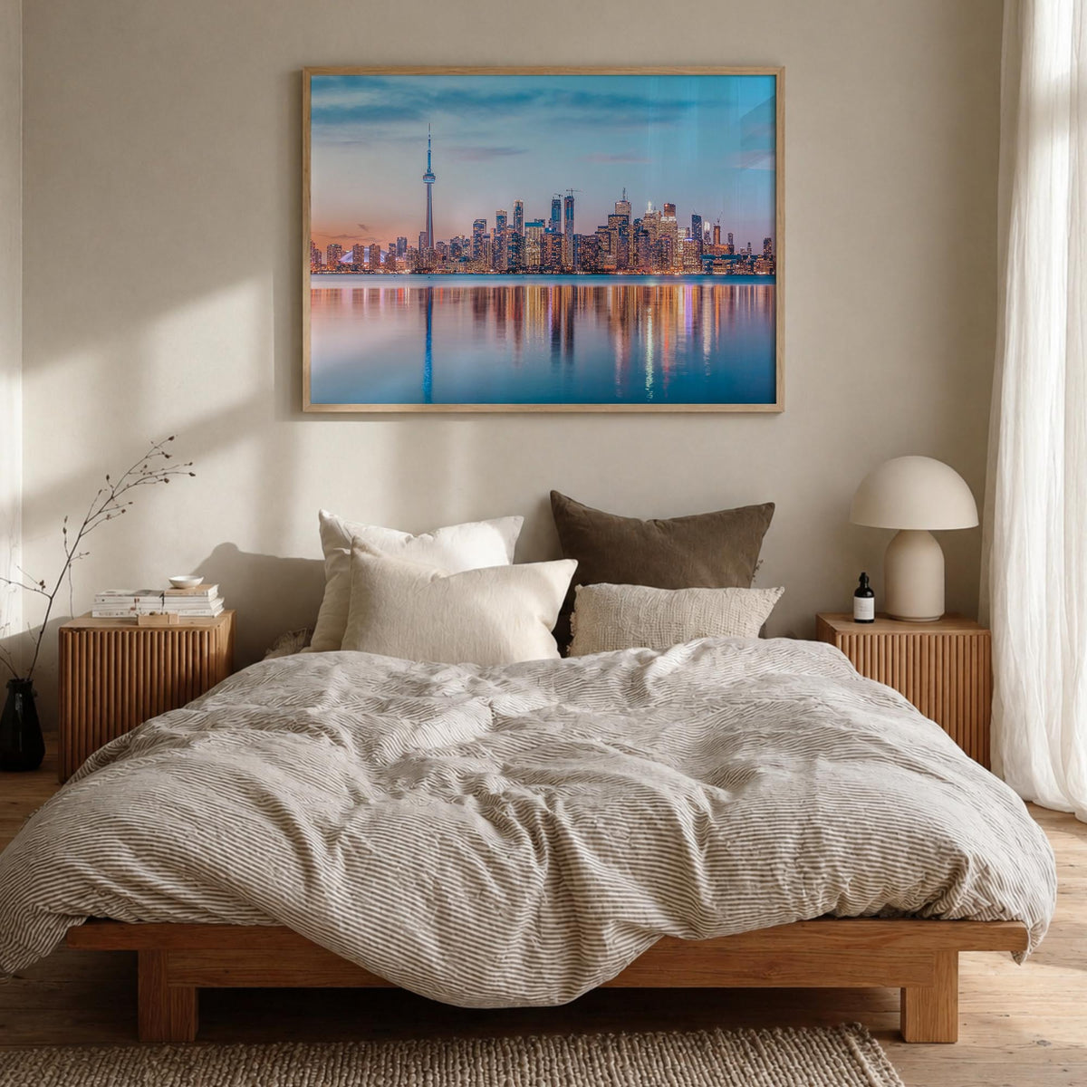 Toronto colorful photo poster of Ontario, Canada – horizontal wall art in natural wood frame, hanging on wall