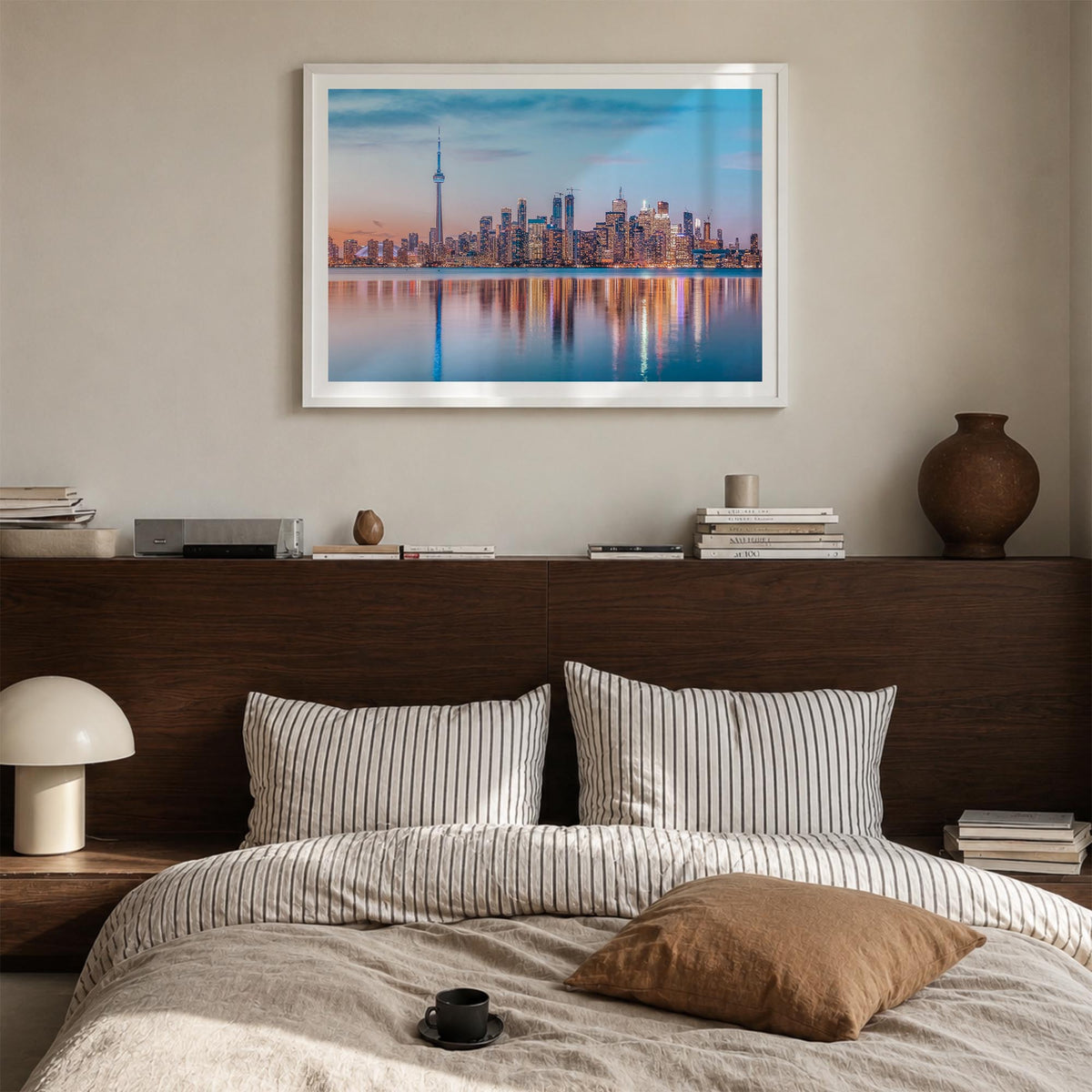 Toronto colorful photo poster of Ontario, Canada – horizontal wall art in white wood frame with white border, hanging on wall