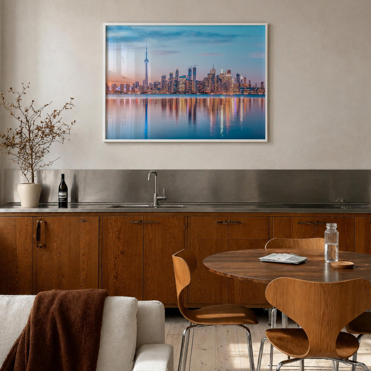 Toronto colorful photo poster of Ontario, Canada – horizontal wall art in white wood frame, hanging on wall