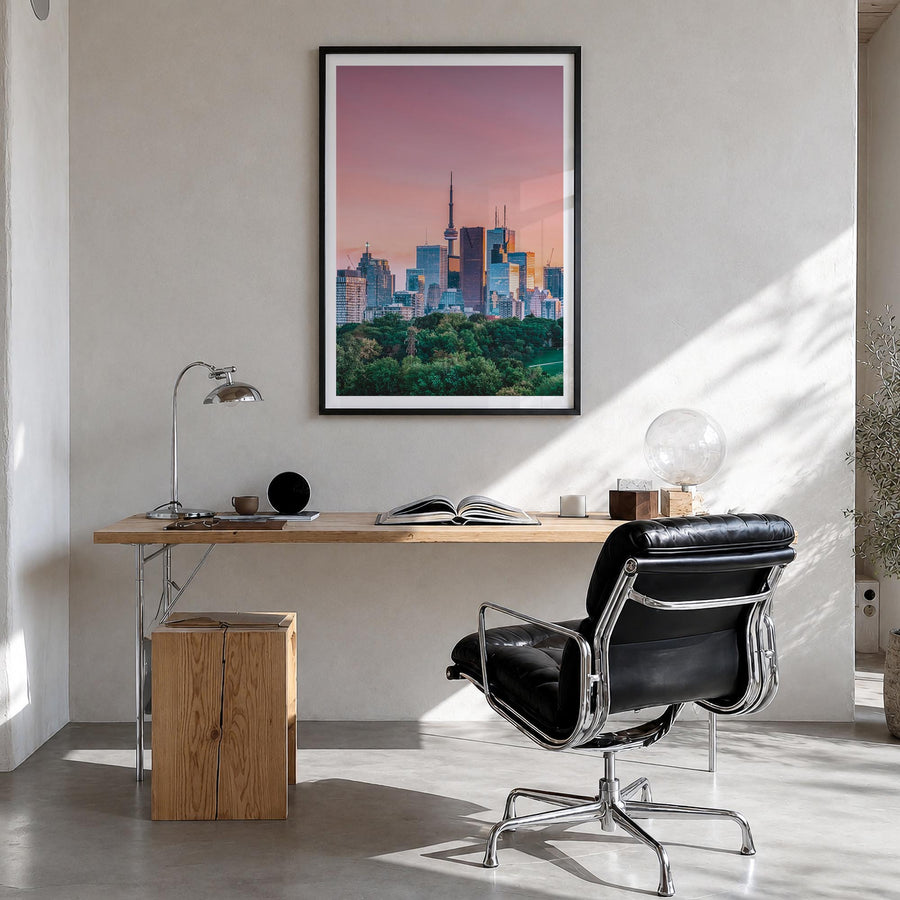 Toronto no. 1 colorful photo poster of Ontario, Canada – vertical wall art in black wood frame with white border, hanging on 
