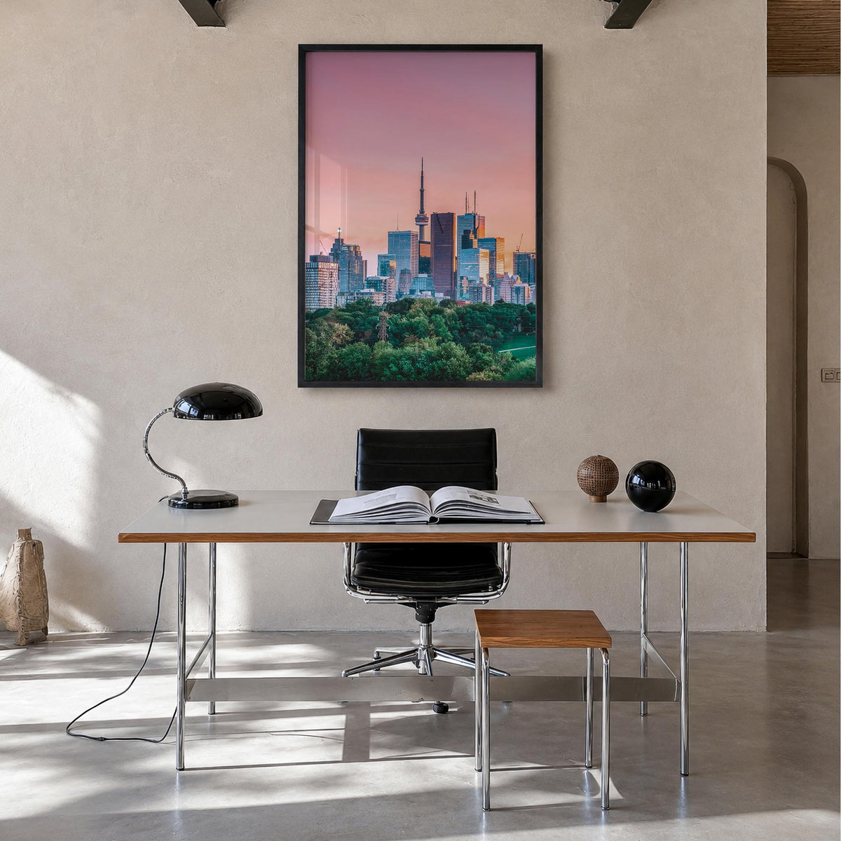 Toronto no. 1 colorful photo poster of Ontario, Canada – vertical wall art in black wood frame, hanging on wall