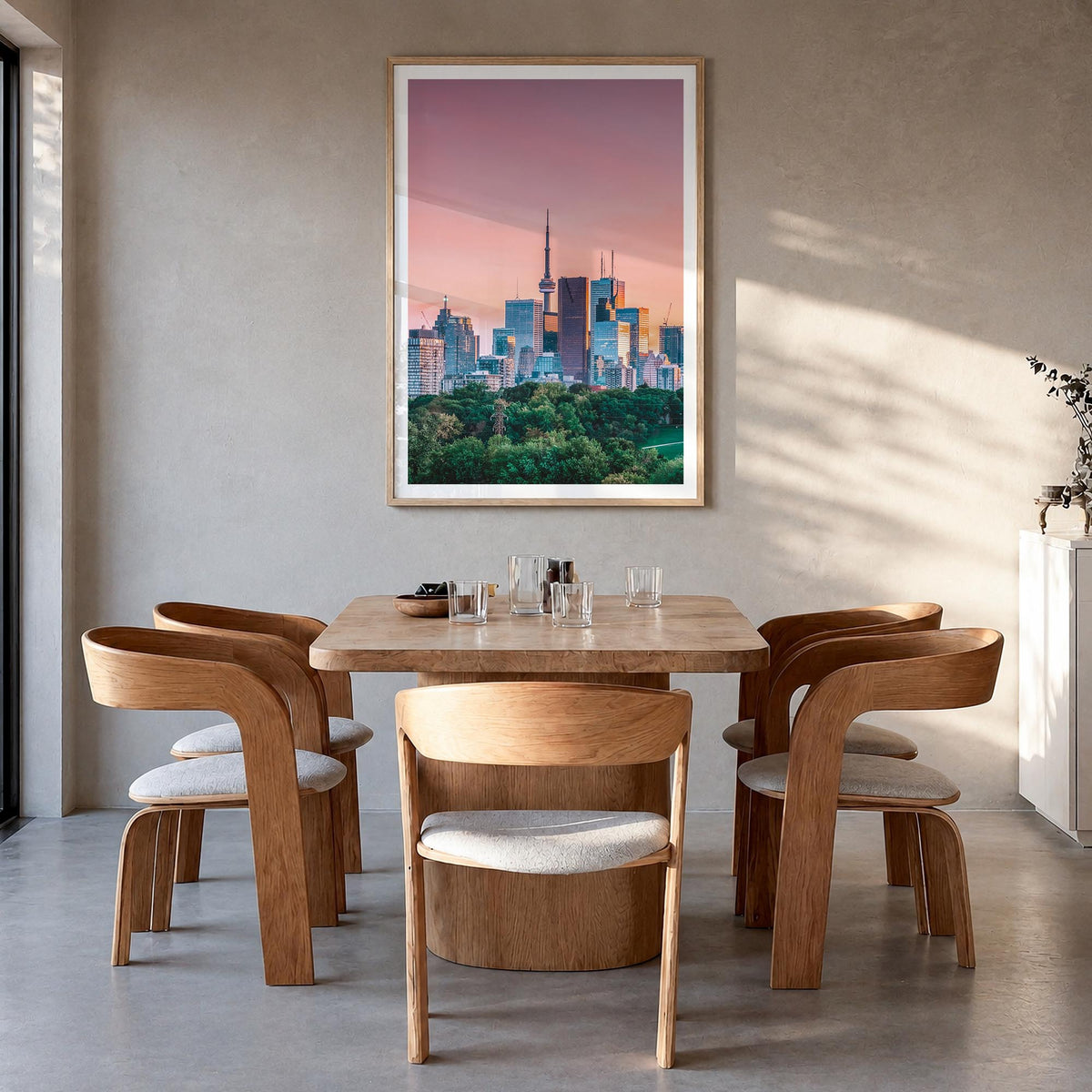 Toronto no. 1 colorful photo poster of Ontario, Canada – vertical wall art in natural wood frame with white border, hanging o