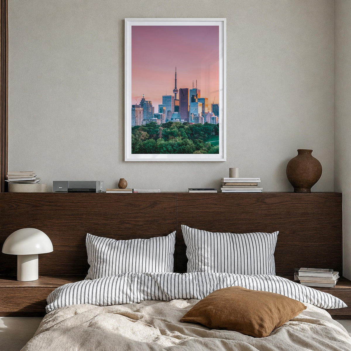 Toronto no. 1 colorful photo poster of Ontario, Canada – vertical wall art in white wood frame with white border, hanging on 