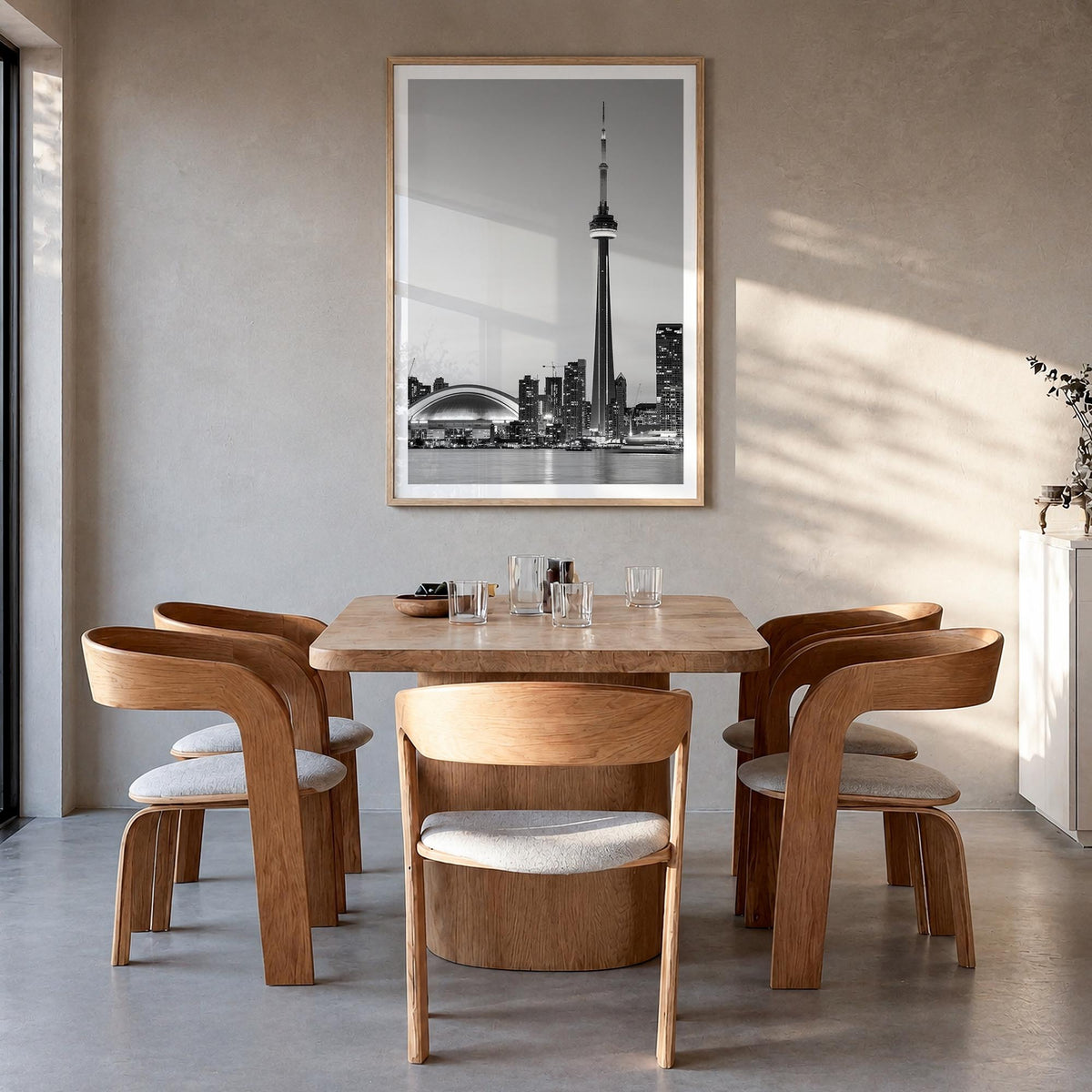 Toronto no. 2 black & white photo poster of Ontario, Canada – vertical wall art in natural wood frame with white border, hang