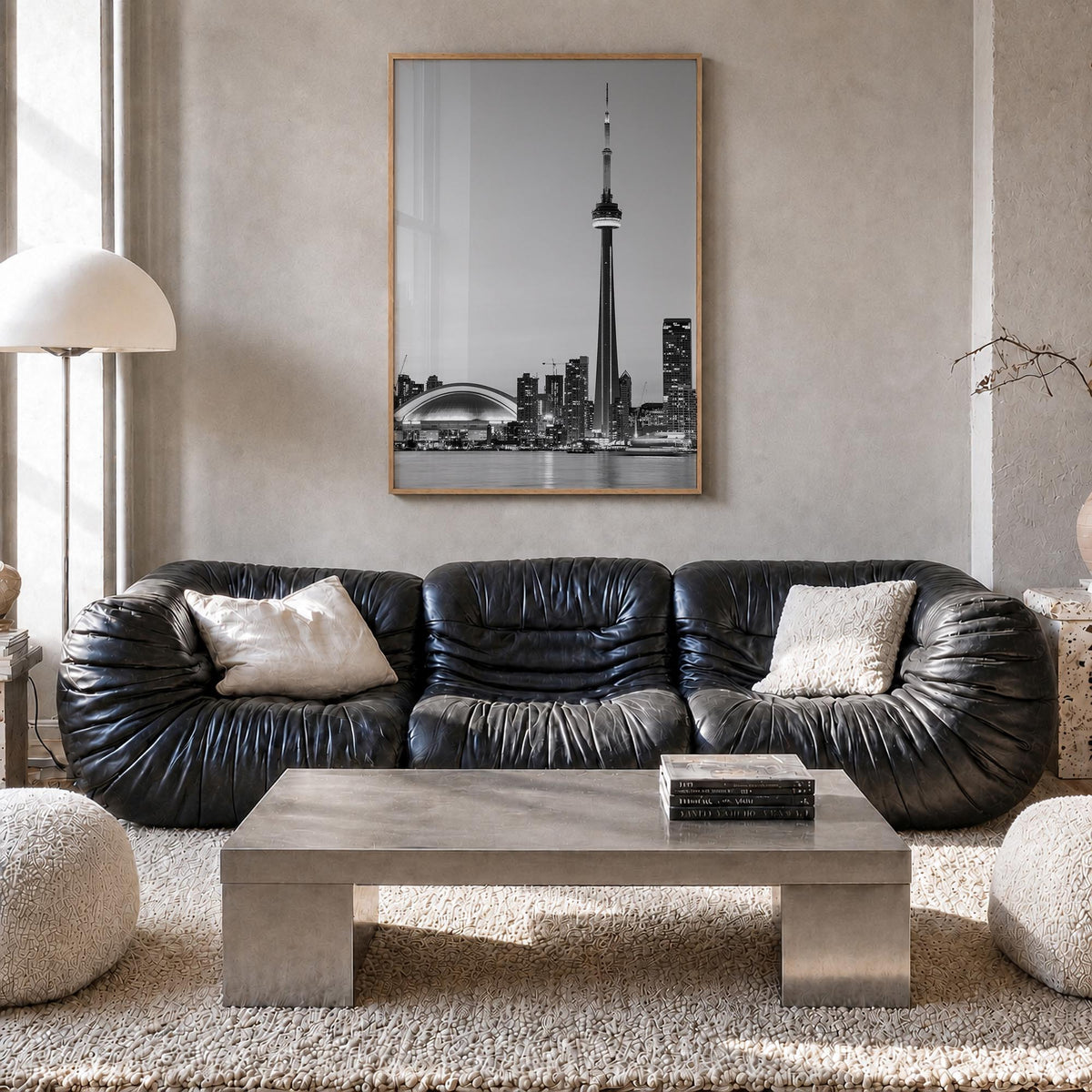 Toronto no. 2 black & white photo poster of Ontario, Canada – vertical wall art in natural wood frame, hanging on wall