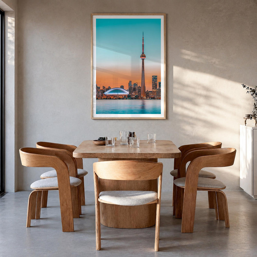Toronto no. 2 colorful photo poster of Ontario, Canada – vertical wall art in natural wood frame with white border, hanging o