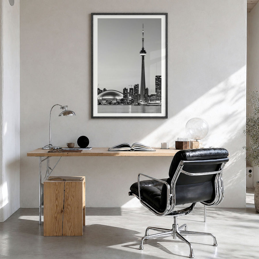Toronto Photo No 2 Poster in a black wood frame, hanging in a bright home office, white border
