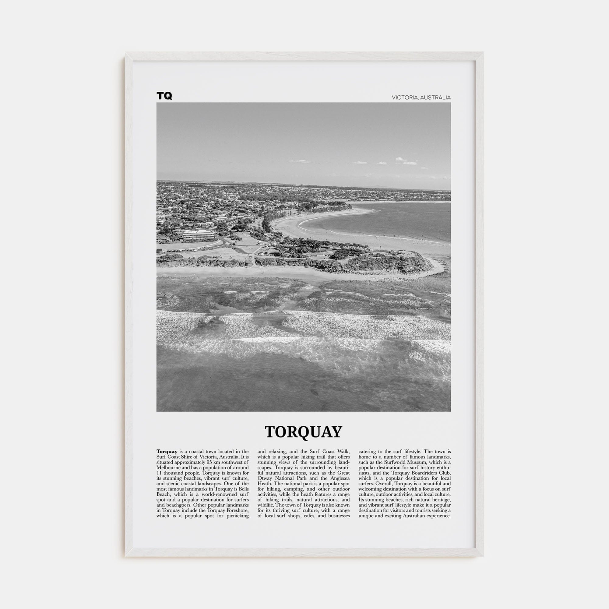 Torquay Poster White Wood / 8x12 in Nbourhood Travel B&W Poster