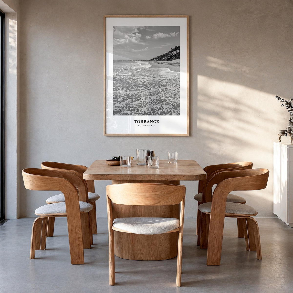 Torrance black & white classic poster of California, USA – vertical wall art in natural wood frame, hanging on wall