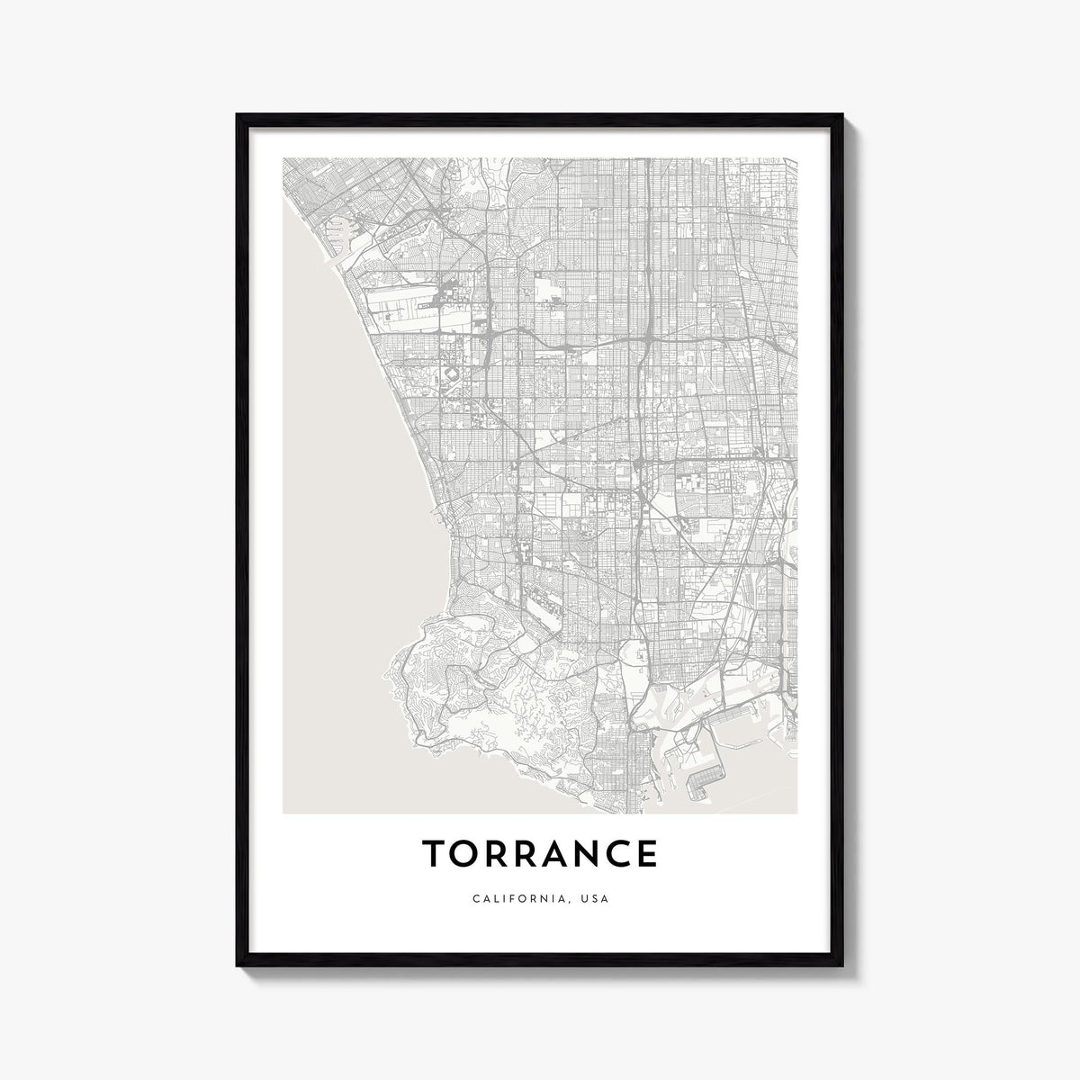 Torrance black & white map poster of California, USA – vertical wall art, unframed print shown in interior mockup